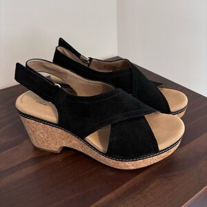 Clarks Giselle Cove Black Suede Cork Wedge Slingback Sandals - 9 1/2 M